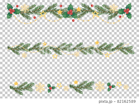 手描き風　クリスマス　モミの木とゴールドの星のラインセット 82162589