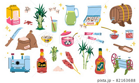 Cartoon sugarcane. Bamboo agriculture products. Sugar and rum manufacturing. Tropical cane plants with leaves and stems. Refined sweet pieces. Vector sweetener production elements set 82163688