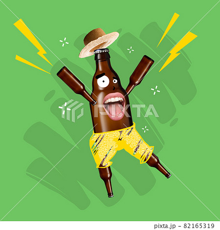 Contemporary mexian style art collage of beer bottle in drawn shorts with human mouth joyfully dancing over green background 82165319