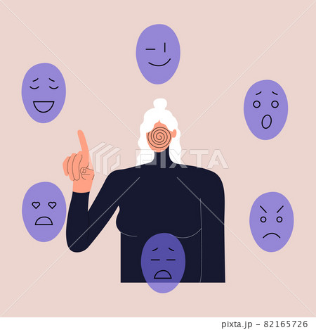 A woman chooses a mask to express various emotions. Concept of changing personality to conform to social requirements and pressure. Vector illustration in a flat style. Eps 10. 82165726