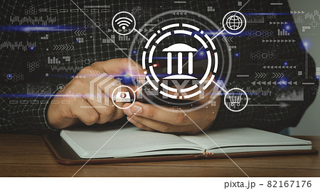 Businessman using mobile with  icon banking on global network connection application. Digital marketing. Business and Finance technology.  Online shopping and customer networking cyber security. 82167176