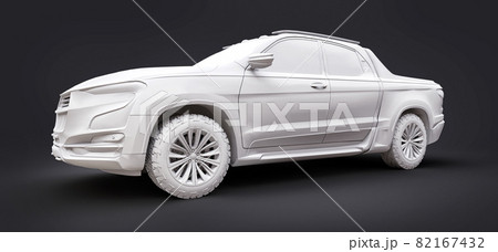 3D illustration of concept cargo pickup truck on grey isolated background. 3d rendering. 3D illustration of concept cargo pickup truck on grey isolated background. 3d rendering. 82167432