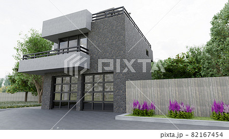 Modern house with garden and garage. 3d rendering. Modern house with garden and garage. 3d rendering. 82167454