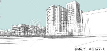 Modern city with tall buildings, skyscrapers, a lawn and trees. 3D illustration. 82167721