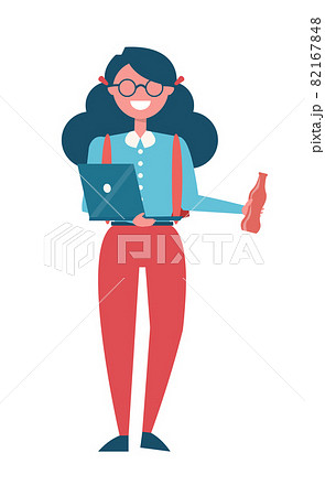 Student Female Girl Laptop and Bottle of Drink 82167848