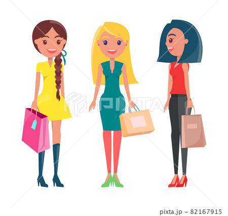 Happy Women on Shopping, Adult Girls with Packets Happy Women on Shopping, Adult Girls with Packets 82167915