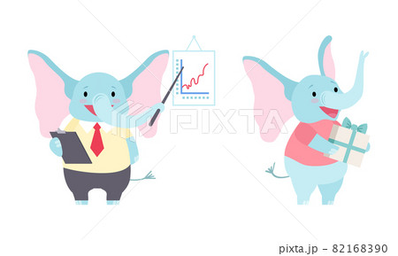Cute Blue Elephant with Trunk Holding Gift Box and in Business Suit Pointing to Graph Vector Set Cute Blue Elephant with Trunk Holding Gift Box and in Business Suit Pointing to Graph Vector Set 82168390