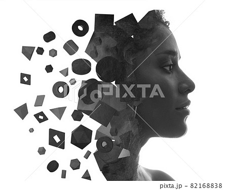 A black and white profile portrait of a woman combined with geometric shapes A black and white profile portrait of a woman combined with geometric shapes 82168838