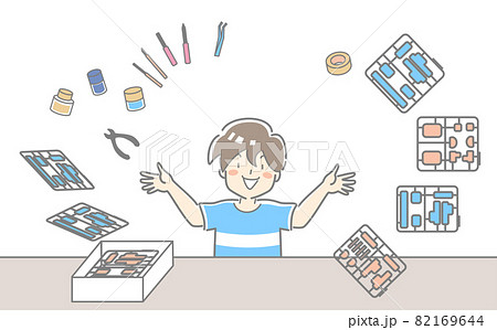 プラモデルを作っている人物のイラスト素材