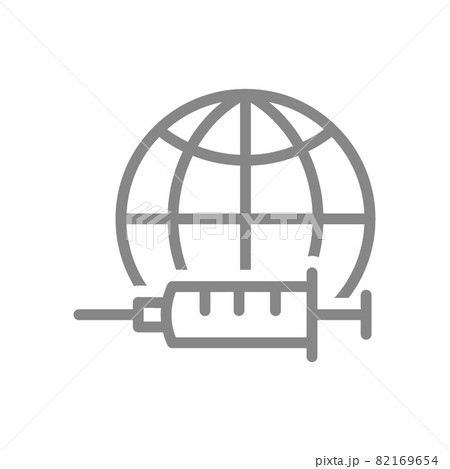 Medical syringe and the globe Earth line icon. World vaccination, population vaccination statistics, injection symbol 82169654
