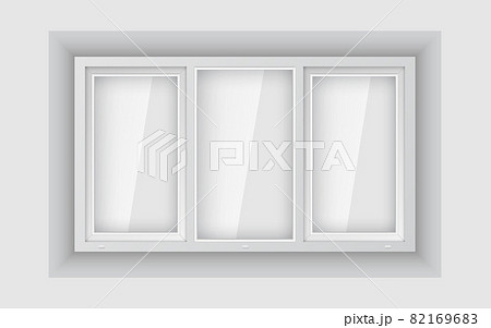 Large triple plastic window on white wall. Realistic plastic window mockup template. White windowpane frame with clear pane. 82169683