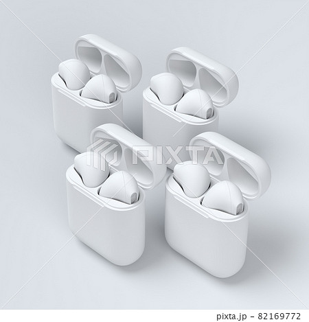Set of monochrome wireless bluetooth headphones in charging case on white Set of monochrome wireless bluetooth headphones in charging case on white 82169772