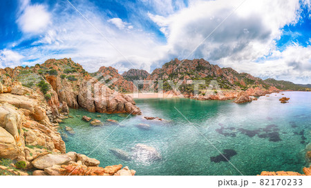 Breathtaking view of Li Cossi beach on Costa Paradiso resort. 82170233