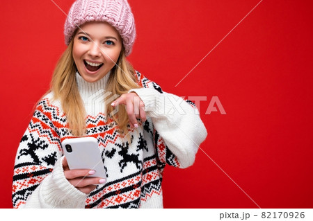 Closeup portrait Photo of attractive crazy amazed surprised young woman wearing casual stylish Closeup portrait Photo of attractive crazy amazed surprised young woman wearing casual stylish 82170926