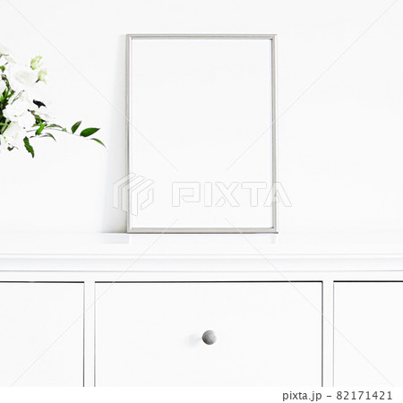 Silver frame on white furniture, luxury home decor and design for mockup, poster print and printable art, online shop showcase Silver frame on white furniture, luxury home decor and design for mockup, poster print and printable art, online shop showcase 82171421