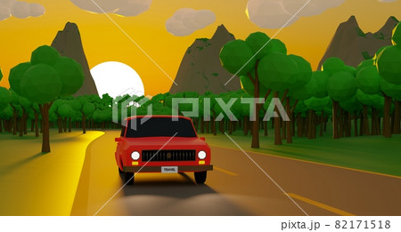 Red Car driving on a scenic road in a valley by the rocky mountains and green trees Red Car driving on a scenic road in a valley by the rocky mountains and green trees 82171518
