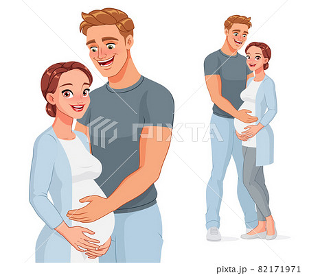 Happy man holding belly of his pregnant wife. Vector illustration. Happy man holding belly of his pregnant wife. Vector illustration. 82171971