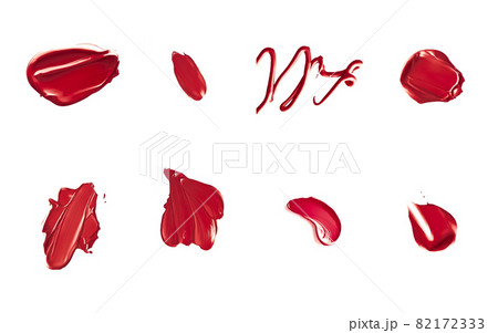 Red lipstick samples as beauty cosmetic texture isolated on white background, makeup smear or smudge as cosmetics product or paint strokes Red lipstick samples as beauty cosmetic texture isolated on white background, makeup smear or smudge as cosmetics product or paint strokes 82172333