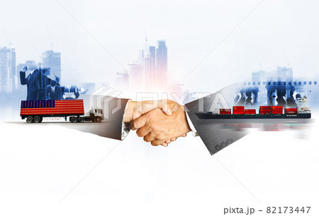 Businessman shake hands, China-USA trade war , The world logistics , logistic network  background  Industrial Container Cargo freight ship , Transportation,logistics,world business 82173447