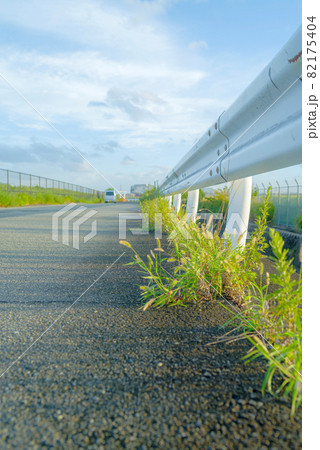 アスファルトの道路・道路脇に生える雑草とガードレール アスファルトの道路・道路脇に生える雑草とガードレール 82175404