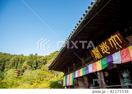 奈良県桜井市　新緑の美しい長谷寺の本堂の五色幕 82175536