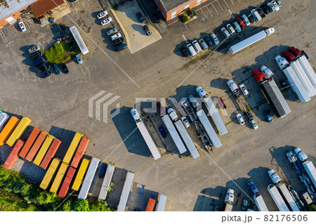 Top view car parking truck stop on rest area on the highway 82176506