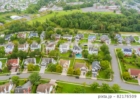 Aerial view of the residential Sayreville town area of beautiful suburb of dwelling home road from a height in New Jersey USA 82176509