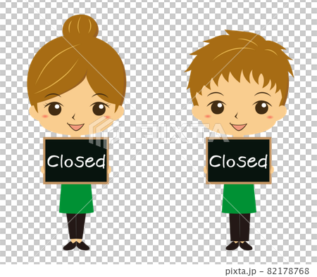 Closed と書かれたブラックボードを持っているレストラン カフェ店員のイラスト素材