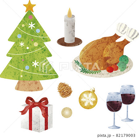 クリスマス クリスマスツリー ローストチキン 料理 ごちそう プレゼント 水彩 イラスト素材セットのイラスト素材