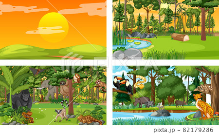 Set of different forest horizontal scene with various wild animals 82179286
