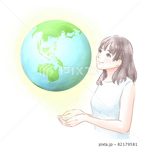 手の上にある地球を見つめて微笑む女の子のイラスト素材