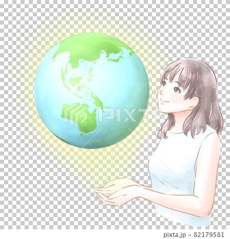 手の上にある地球を見つめて微笑む女の子のイラスト素材