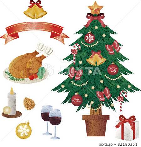 クリスマス クリスマスツリー ローストチキン 料理 ごちそう プレゼント 水彩 イラスト素材セットのイラスト素材