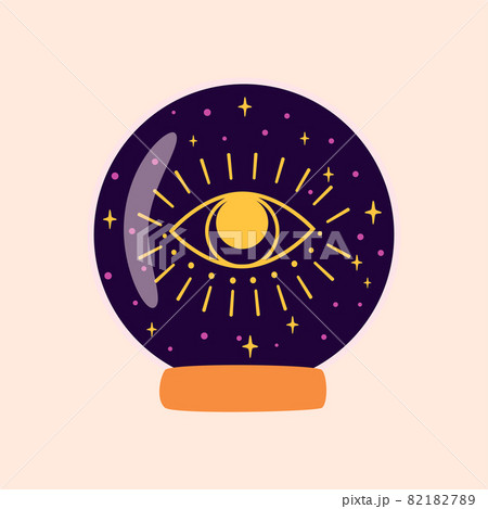 Magic crystal ball future with eye. Fortune teller crystal ball. Witchcraft magic symbol. Halloween graphic element. Alchemy vector illustration isolated crystal ball. Mystic spiritual logo Eye stars. 82182789