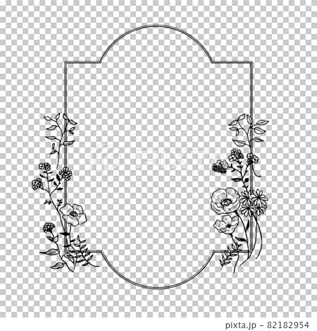 お洒落な白黒線画のお花フレームのイラスト素材 1954