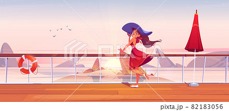 Beautiful girl on cruise ship deck or quay at dawn 82183056