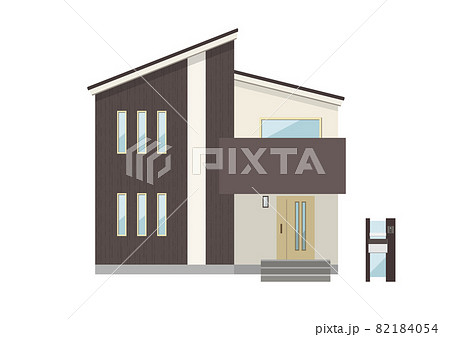 モダンな戸建て住宅のイラスト（差しかけ屋根） 82184054