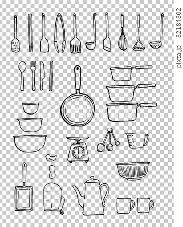 簡單廚房用品的線描插圖 82184802