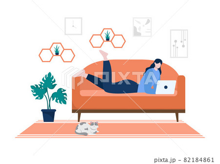 Relax at Home Vector Flat Illustration with People Sitting on the Sofa, Listening To Music, Playing Smartphone or Computer, Drinking Tea, Reading a Book, and Sleeping Relax at Home Vector Flat Illustration with People Sitting on the Sofa, Listening To Music, Playing Smartphone or Computer, Drinking Tea, Reading a Book, and Sleeping 82184861