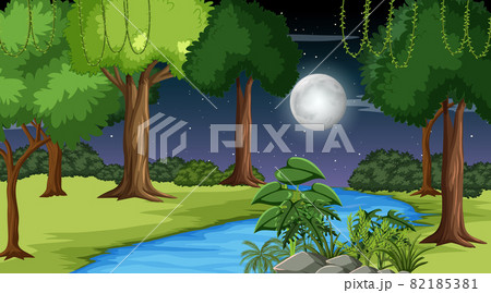 Nature forest landscape at night scene with long river flowing through the meadow Nature forest landscape at night scene with long river flowing through the meadow 82185381
