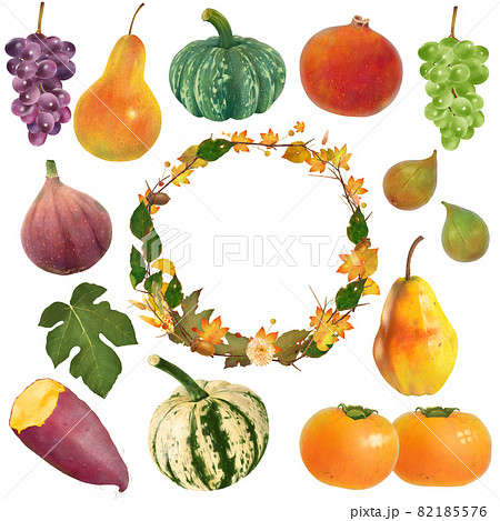 果物や野菜や木の実の美味しい秋の味覚シリーズイラストセットとフレーム素材 82185576