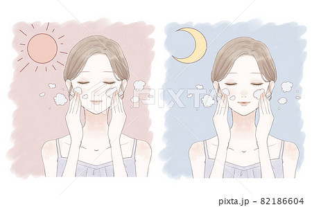 朝と夜に洗顔をする女性 朝と夜に洗顔をする女性 82186604