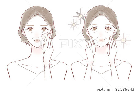 あぶらとり紙で顔の皮脂を取る中年女性のビフォーアフター 82186643