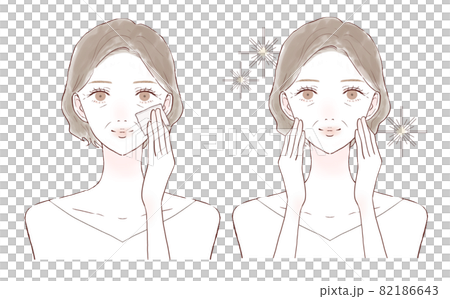 あぶらとり紙で顔の皮脂を取る中年女性のビフォーアフター 82186643