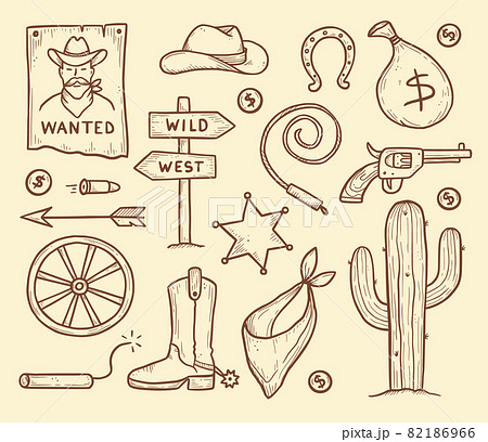 Cowboy western doodle set. Hand drawn 82186966