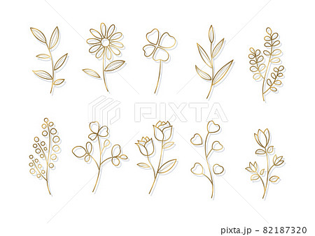 花や葉っぱのシンプルな線画イラスト　素材用　金 82187320