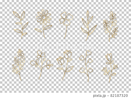 花や葉っぱのシンプルな線画イラスト　素材用　金 82187320