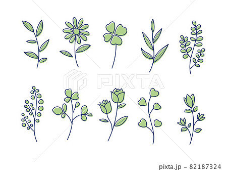 花や葉っぱのシンプルな線画イラスト 素材用 緑色のイラスト素材