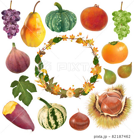 果物や野菜や木の実の美味しい秋の味覚シリーズイラストセットとベクターフレーム素材のイラスト素材