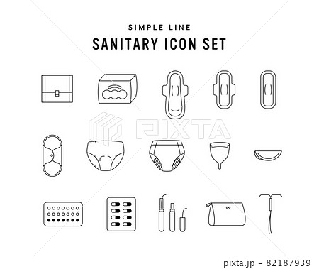 サニタリー用品のアイコンのセット シンプル 月経 生理用品 ナプキン タンポン ショーツ ピル サニタリー用品のアイコンのセット シンプル 月経 生理用品 ナプキン タンポン ショーツ ピル 82187939